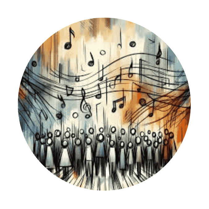 A drawing of a chorus with music swirling in the background.